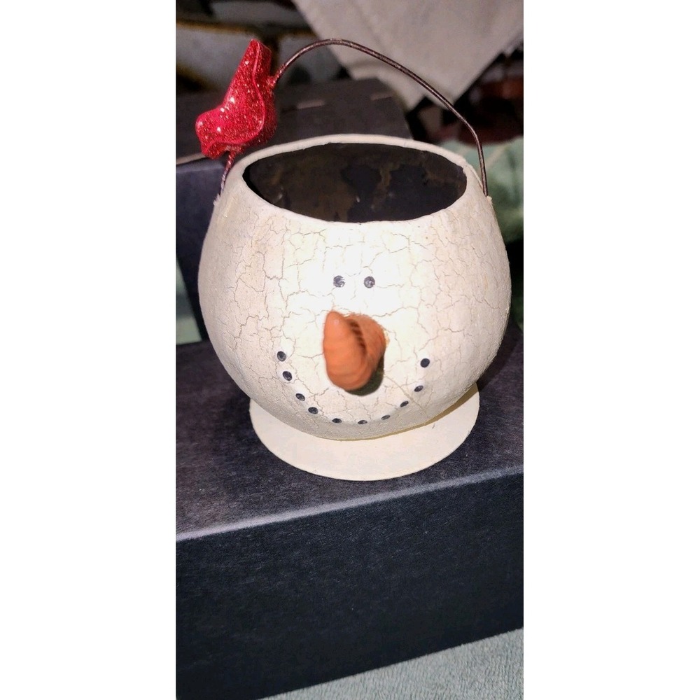 Vintage 1990's Dept. 56 Paper Mache Snowman with Red Cardinal Pail Bucket